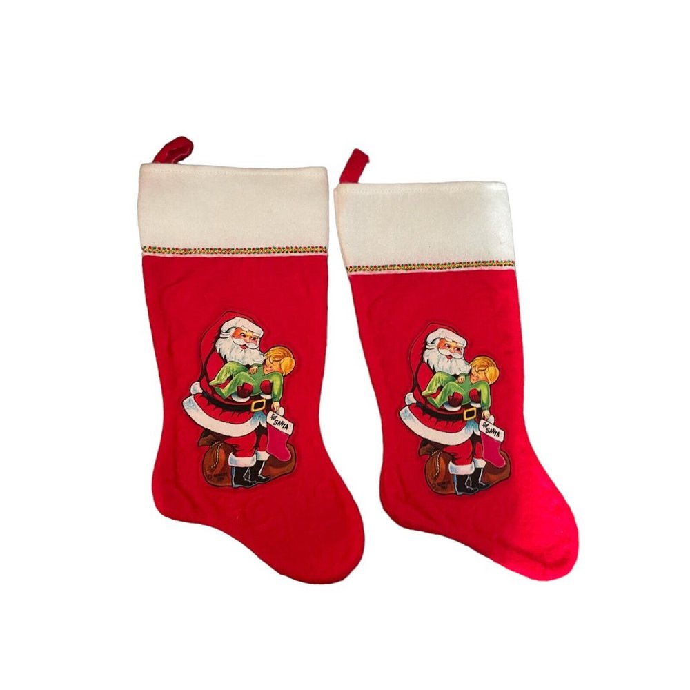 Vintage Rennoc Santa Claus Felt Christmas‎ Stocking Holiday Decoration lot of 2